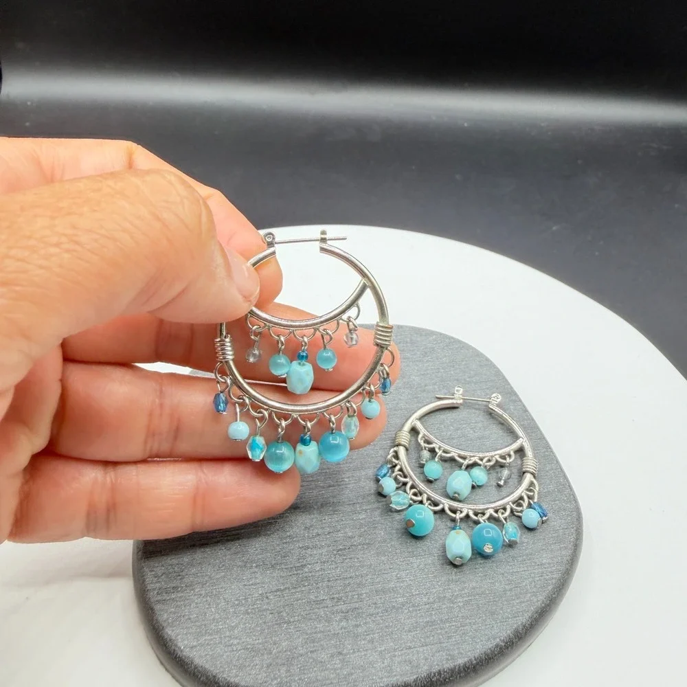 Silver Tone Turquoise Blue Beaded Chandelier Hoop Earrings Boho Statement Gift